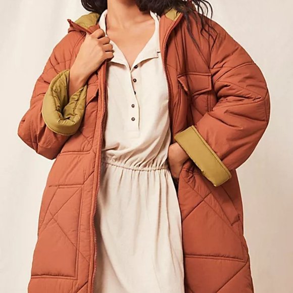 NWT Small Free People Kit Puffer Hooded Jacket Rust Olive Longline Quilted - Picture 2 of 4